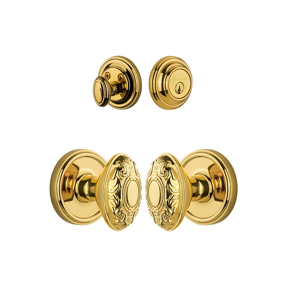 Grandeur by Nostalgic Warehouse Single Cylinder Combo Pack Keyed Differently - Georgetown Rosette with Grande Victorian Knob and Matching Deadbolt in Lifetime Brass